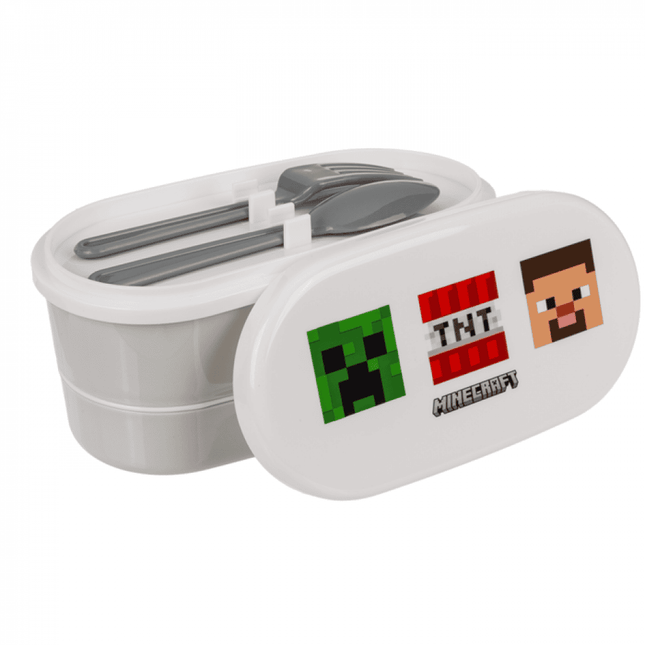 Minecraft Madkasse med 2 rum og Bestik - Grå og Hvid