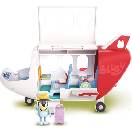 Bluey Adventure Plane legesæt med Pilot Bluey, åbent passagerfly, kuffert, håndbagage, måltid, kamera og bog.