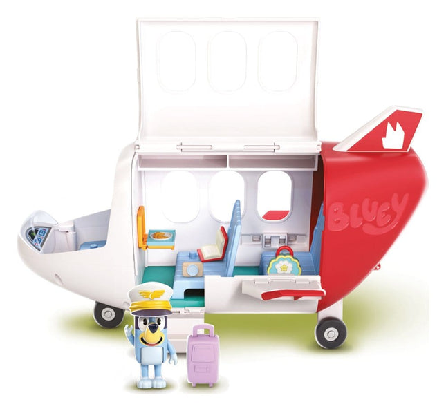 Bluey Adventure Plane legesæt med Pilot Bluey, åbent passagerfly, kuffert, håndbagage, måltid, kamera og bog.