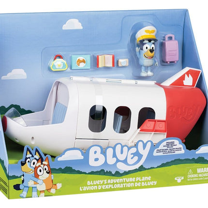 Bluey Adventure Plane legesæt med Pilot Bluey, åbent passagerfly, kuffert, håndbagage, måltid, kamera og bog.