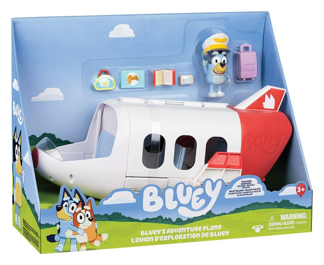 Bluey Adventure Plane legesæt med Pilot Bluey, åbent passagerfly, kuffert, håndbagage, måltid, kamera og bog.