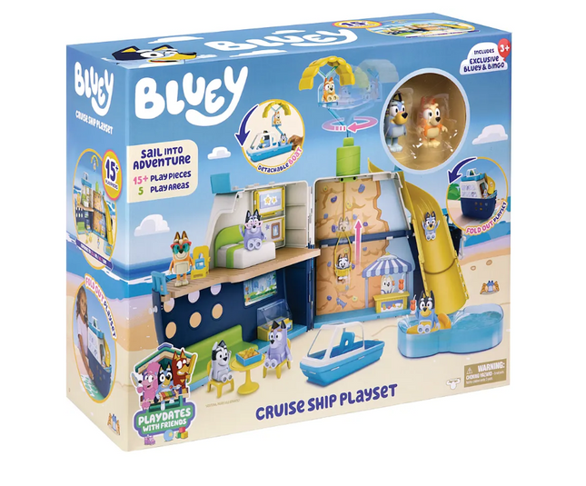 Bluey Cruise Ship 3-i-1 legesæt udfoldet med Bluey, Bingo, vandrutsjebane, pool, klatrevæg, speedbåd og roterende parasail.