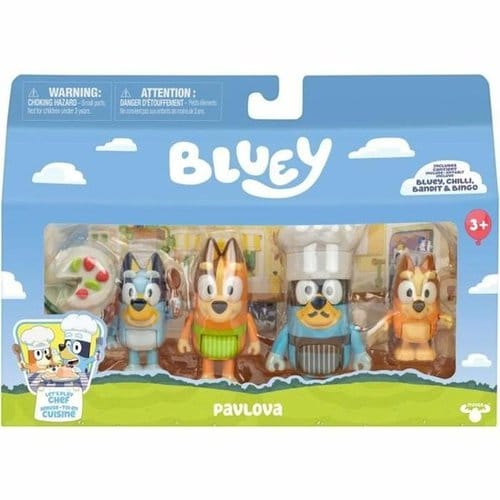 Bluey Let’s Play Chef Pavlova 4-Pack med figurer af Bluey, Bingo, Bandit og Chilli samt pavlova, ske og menukort.