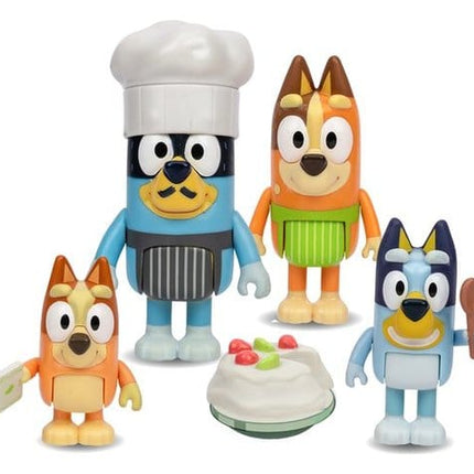 Bluey Let’s Play Chef Pavlova 4-Pack med figurer af Bluey, Bingo, Bandit og Chilli samt pavlova, ske og menukort.