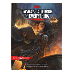 Engelsk hardcoverudgave af Dungeons & Dragons Tasha’s Cauldron of Everything med Tasha og en flammende magisk bog på forsiden.