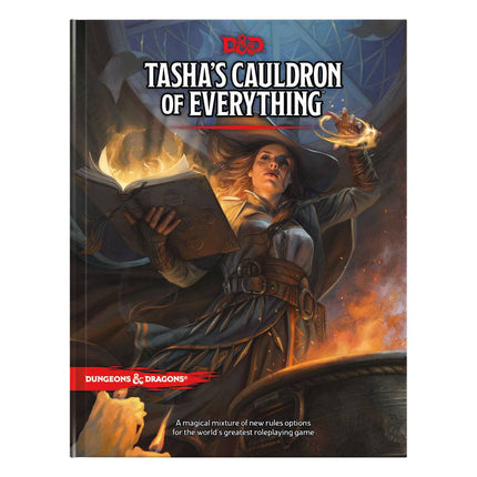 Engelsk hardcoverudgave af Dungeons & Dragons Tasha’s Cauldron of Everything med Tasha og en flammende magisk bog på forsiden.
