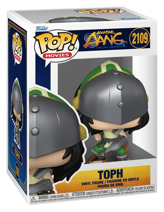 Funko POP! Toph #2109 fra Avatar Aang: The Last Airbender med metalhjelm og grønt tøj i original vinduesæske.
