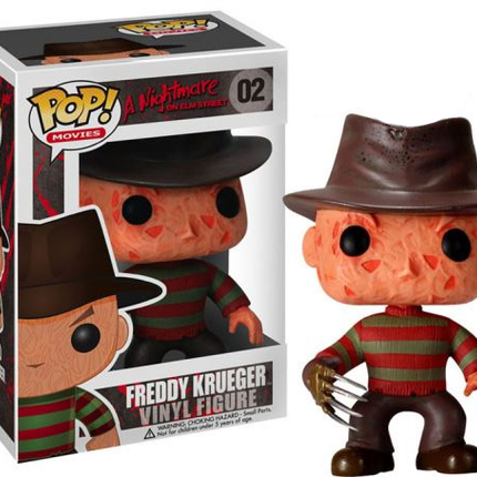 Funko POP! A Nightmare on Elm Street Freddy Krueger #02 med fedora, stribet trøje og knivhandske ved siden af original æske.