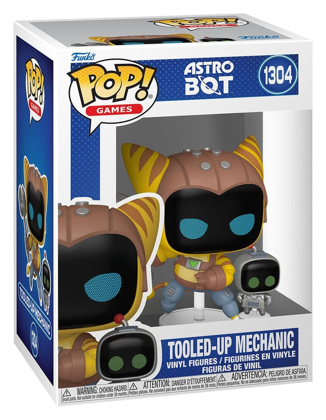 Funko POP! Astro Bot Tooled-Up Mechanic & Buddy #1304 med skruenøgle og lille robotfigur.