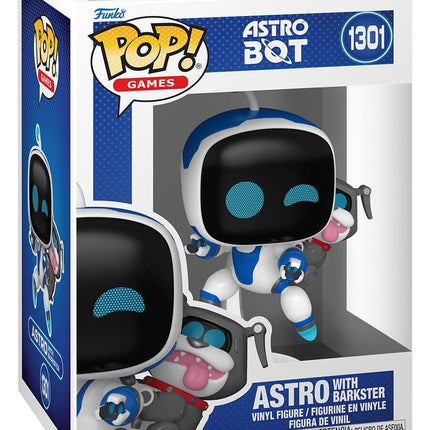 Funko POP! Astro with Barkster #1301 fra Astro Bot med Astro i svævende positur og Barkster på ryggen.