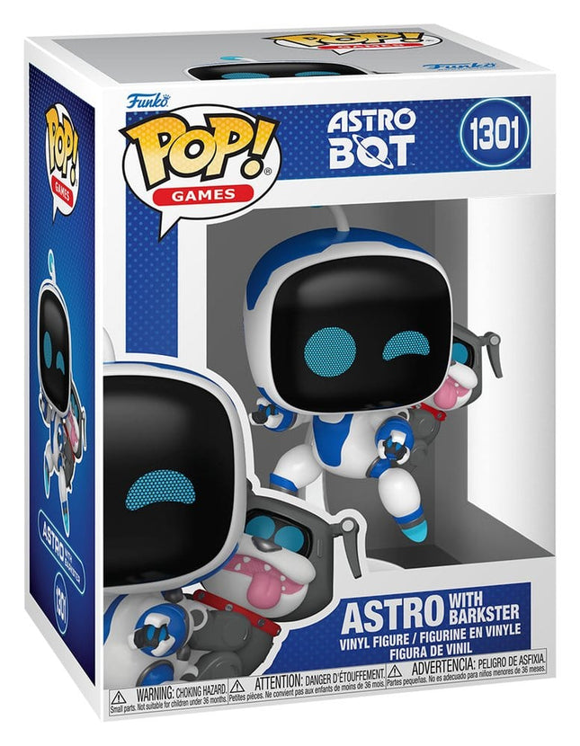 Funko POP! Astro with Barkster #1301 fra Astro Bot med Astro i svævende positur og Barkster på ryggen.