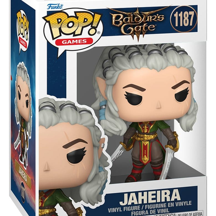 Funko POP! Baldur’s Gate 3 Jaheira #1187 med sølvgråt hår og to klinger i æske med vindue.