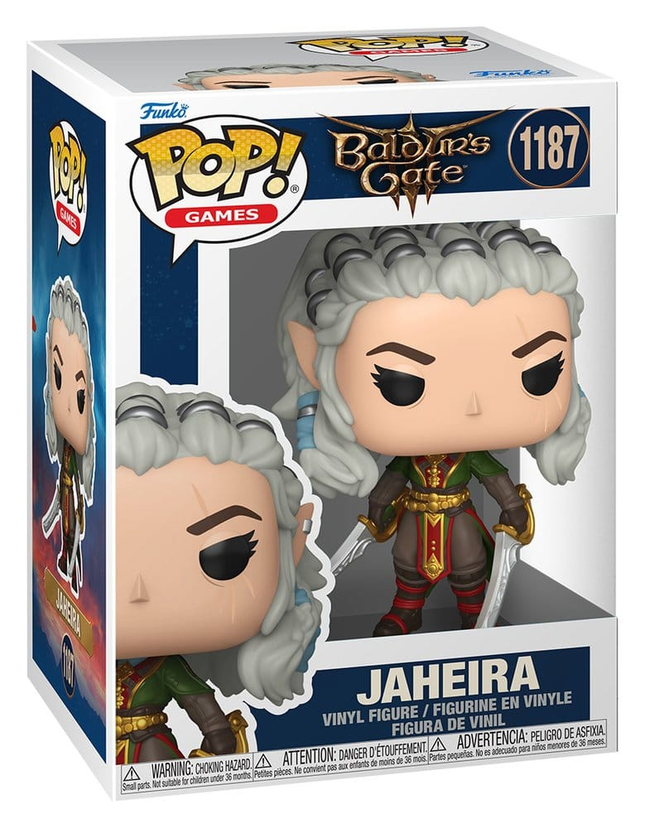 Funko POP! Baldur’s Gate 3 Jaheira #1187 med sølvgråt hår og to klinger i æske med vindue.