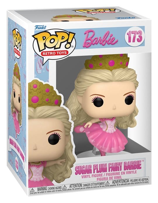 Funko POP! Sugar Plum Fairy Barbie #173 i lyserød balletkjole, gylden krone og arabesque-positur.