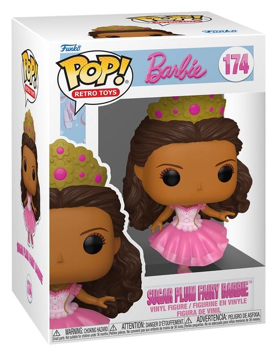Funko POP! Sugar Plum Fairy Barbie #174 med mørkt krøllet hår, lyserød balletkjole og gylden krone.