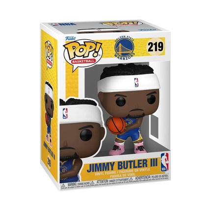 Funko POP! Basketball Jimmy Butler III #219 i blå Golden State Warriors-uniform med basketball og hvidt pandebånd.