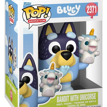 Funko POP! Bluey Bandit with Unicorse #2371 med enhjørningehånddukke i original vinduesæske.