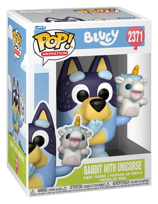 Funko POP! Bluey Bandit with Unicorse #2371 med enhjørningehånddukke i original vinduesæske.