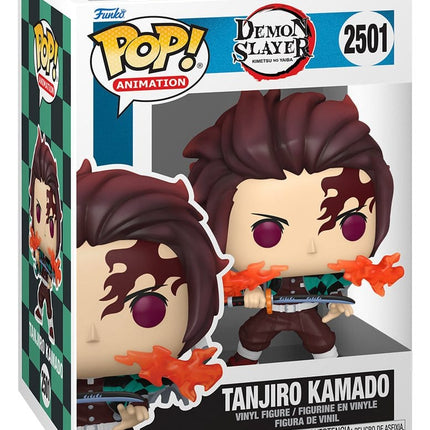 Funko POP! Tanjiro Kamado (Fire Breathing) #2501 fra Demon Slayer med Nichirin-sværd og orange ildeffekter.