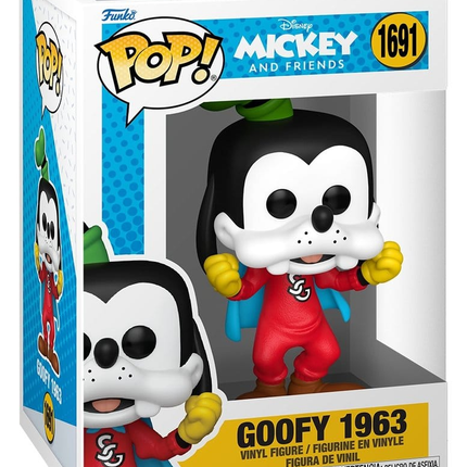 Funko POP! Disney Mickey and Friends Goofy 1963 #1691 i rød superheltedragt med blå kappe og gule handsker i original æske.