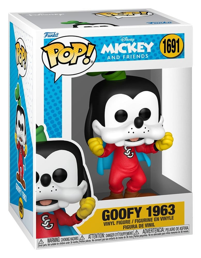 Funko POP! Disney Mickey and Friends Goofy 1963 #1691 i rød superheltedragt med blå kappe og gule handsker i original æske.