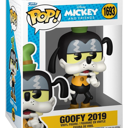 Funko POP! Disney Mickey and Friends Goofy 2019 #1693 med gul ansigtsfarve, orange vest og grøn hat i original æske.