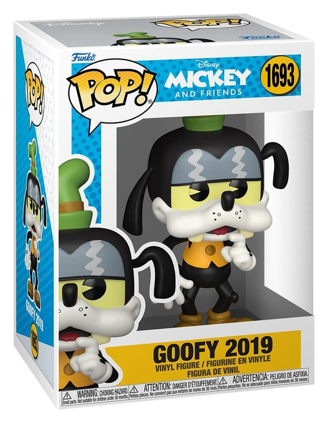 Funko POP! Disney Mickey and Friends Goofy 2019 #1693 med gul ansigtsfarve, orange vest og grøn hat i original æske.
