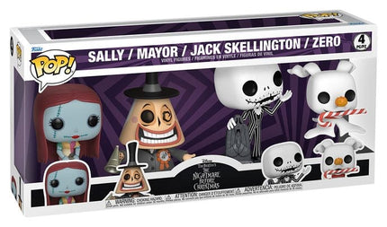 Funko POP! Disney The Nightmare Before Christmas 4-Pack Bundle med Sally, Mayor, Jack Skellington og Zero i en samlet æske.