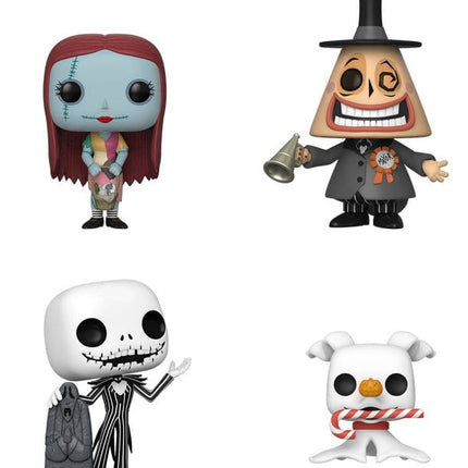 Funko POP! Disney The Nightmare Before Christmas 4-Pack Bundle med Sally, Mayor, Jack Skellington og Zero i en samlet æske.
