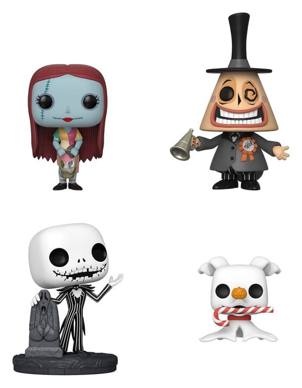 Funko POP! Disney The Nightmare Before Christmas 4-Pack Bundle med Sally, Mayor, Jack Skellington og Zero i en samlet æske.