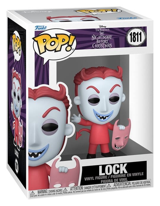 Funko POP! Lock #1811 fra The Nightmare Before Christmas i rødt djævlekostume med lyserød maske.