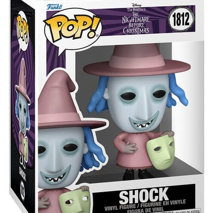 Funko POP! Shock #1812 fra The Nightmare Before Christmas i lyserødt heksekostume med spids hat og grøn maske.