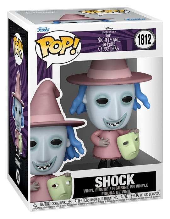 Funko POP! Shock #1812 fra The Nightmare Before Christmas i lyserødt heksekostume med spids hat og grøn maske.