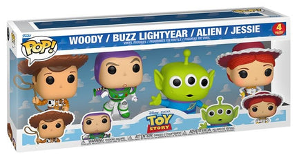 Funko POP! Disney Pixar Toy Story 4-Pack Bundle med Woody, Buzz Lightyear, Alien og Jessie i en samlet æske.