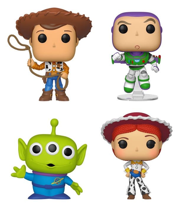 Funko POP! Disney Pixar Toy Story 4-Pack Bundle med Woody, Buzz Lightyear, Alien og Jessie i en samlet æske.