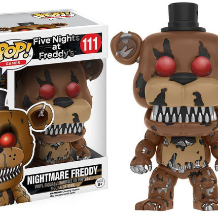 Funko POP! Nightmare Freddy #111 fra Five Nights at Freddy’s med røde øjne, sorte hat, skarpe tænder og beskadiget animatronic-krop.