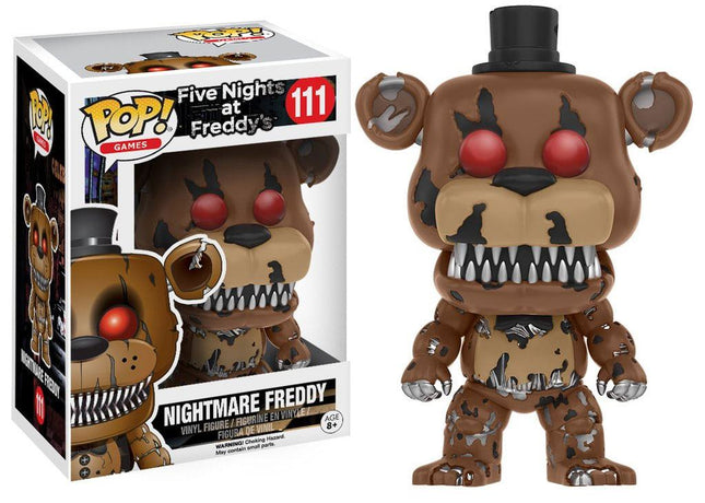 Funko POP! Nightmare Freddy #111 fra Five Nights at Freddy’s med røde øjne, sorte hat, skarpe tænder og beskadiget animatronic-krop.
