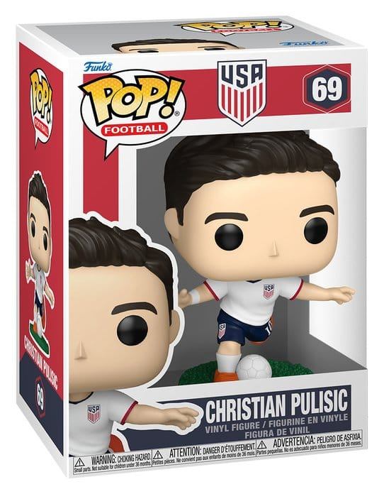 Funko POP! Football USA Christian Pulisic #69 i hvid landsholdstrøje med fodbold i original æske.