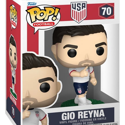 Funko POP! Football USA Gio Reyna #70 i hvid landsholdstrøje på grøn fodboldbase i original æske.
