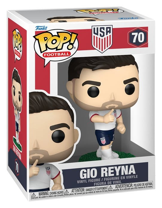 Funko POP! Football USA Gio Reyna #70 i hvid landsholdstrøje på grøn fodboldbase i original æske.