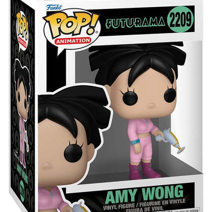 Funko POP! Futurama Amy Wong #2209 i lyserødt træningstøj med futuristisk blaster i æske med vindue.