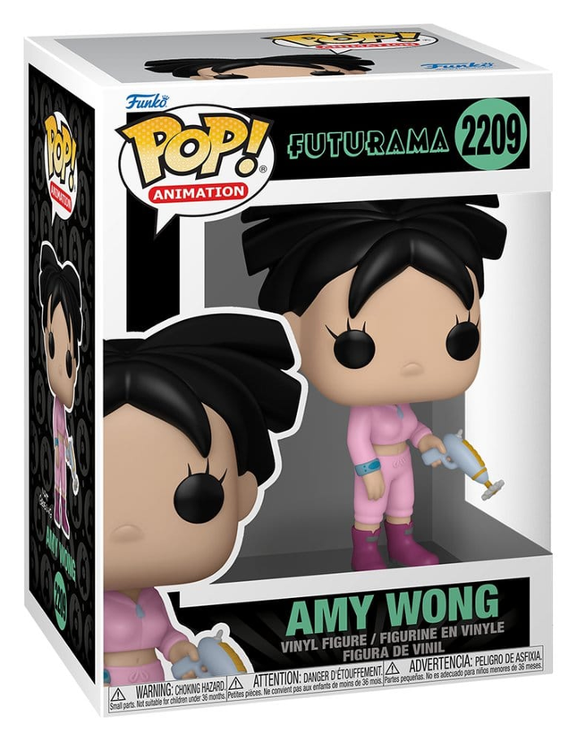 Funko POP! Futurama Amy Wong #2209 i lyserødt træningstøj med futuristisk blaster i æske med vindue.