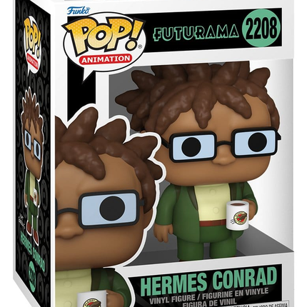 Funko POP! Futurama Hermes Conrad #2208 i grønt jakkesæt med briller og Planet Express-kaffekop i æske med vindue.