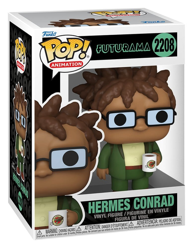 Funko POP! Futurama Hermes Conrad #2208 i grønt jakkesæt med briller og Planet Express-kaffekop i æske med vindue.