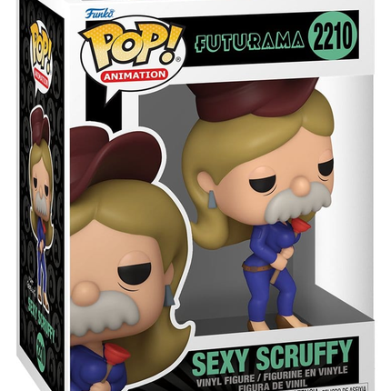 Funko POP! Futurama Sexy Scruffy #2210 med langt blondt hår, overskæg og blå dragt i æske med vindue.
