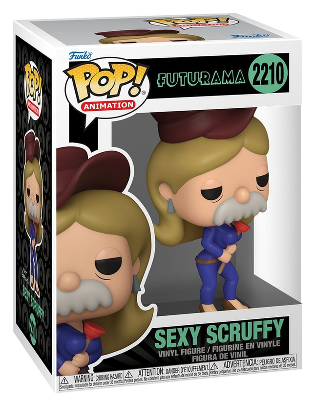 Funko POP! Futurama Sexy Scruffy #2210 med langt blondt hår, overskæg og blå dragt i æske med vindue.