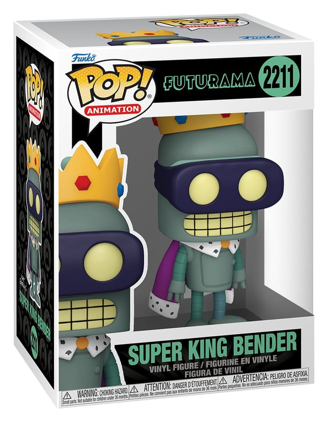 Funko POP! Futurama Super King Bender #2211 med juvelbesat krone og kongelig kappe i æske med vindue.