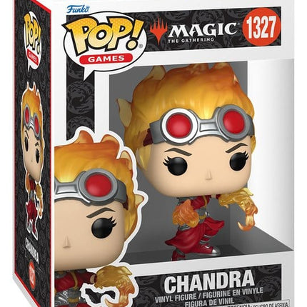 Funko POP! Games Magic: The Gathering Chandra #1327 med flammende hår, røde beskyttelsesbriller og ild omkring hænderne i original vinduesæske.