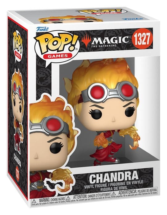 Funko POP! Games Magic: The Gathering Chandra #1327 med flammende hår, røde beskyttelsesbriller og ild omkring hænderne i original vinduesæske.