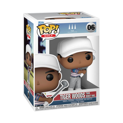 Funko POP! Golf Tiger Woods Tour Debut 1992 #06 med hvid kasket, stribet poloshirt og golfkølle i original æske.